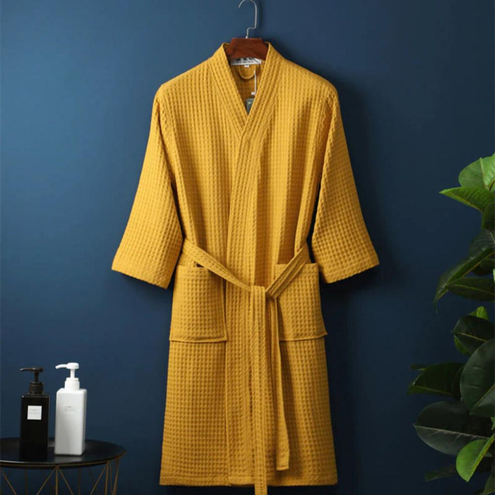 Soft unisex lightweight waffle cotton terry robe, ideal for spring, summer, and home lounge wear.