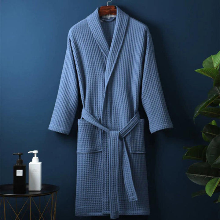 Lightweight waffle cotton terry bathrobe for unisex comfort. Great as a couple's spa or lounge robe.