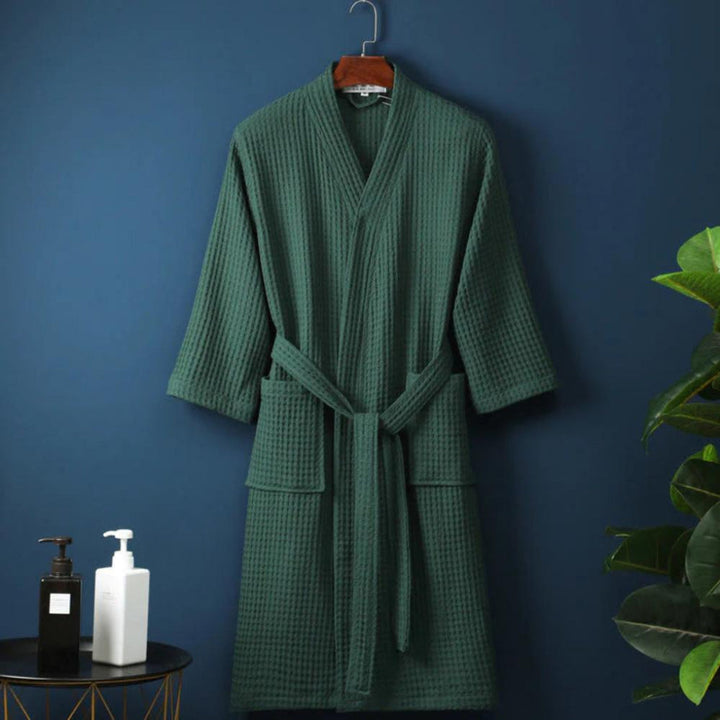 Unisex breathable waffle cotton terry robe. Perfect lightweight loungewear for bath, spa & relaxing at home.