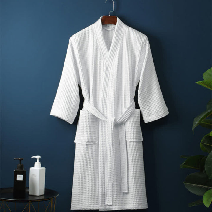 Lightweight unisex waffle cotton terry bathrobe. Soft, absorbent & comfortable for home, spa or pool.