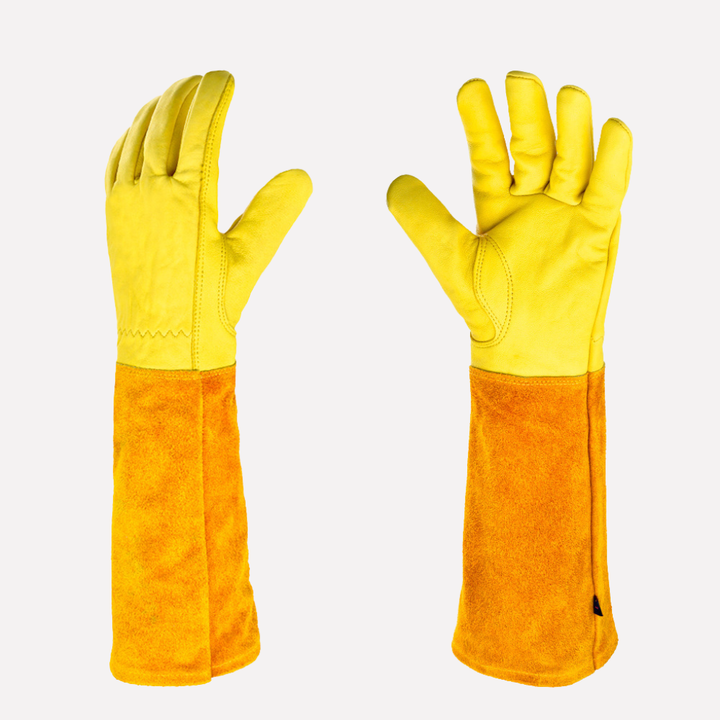 Garden work gloves, long design, durable and protective for men & women. Ideal for thorny bushes, arm safety.