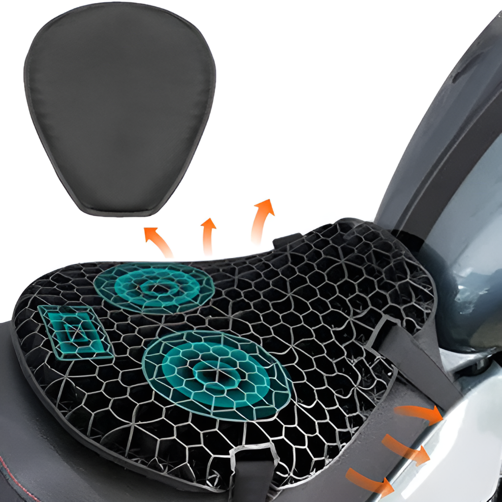 Long ride motorcycle gel seat cushion. Unisex, non-slip, shock-absorbing pad for superior rider comfort.
