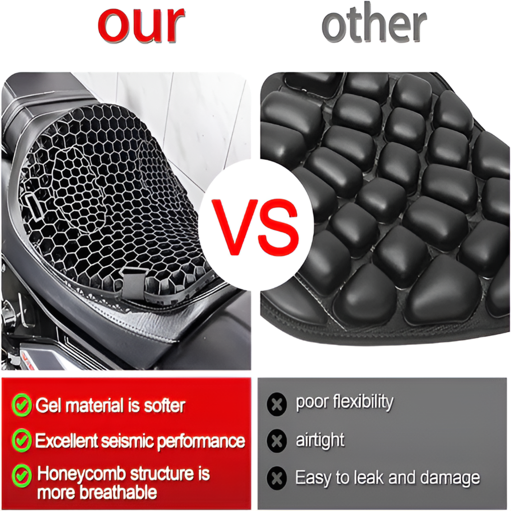 Advanced gel seat pad for motorcycles. Unisex design, provides ultimate comfort & shock absorption on long rides.