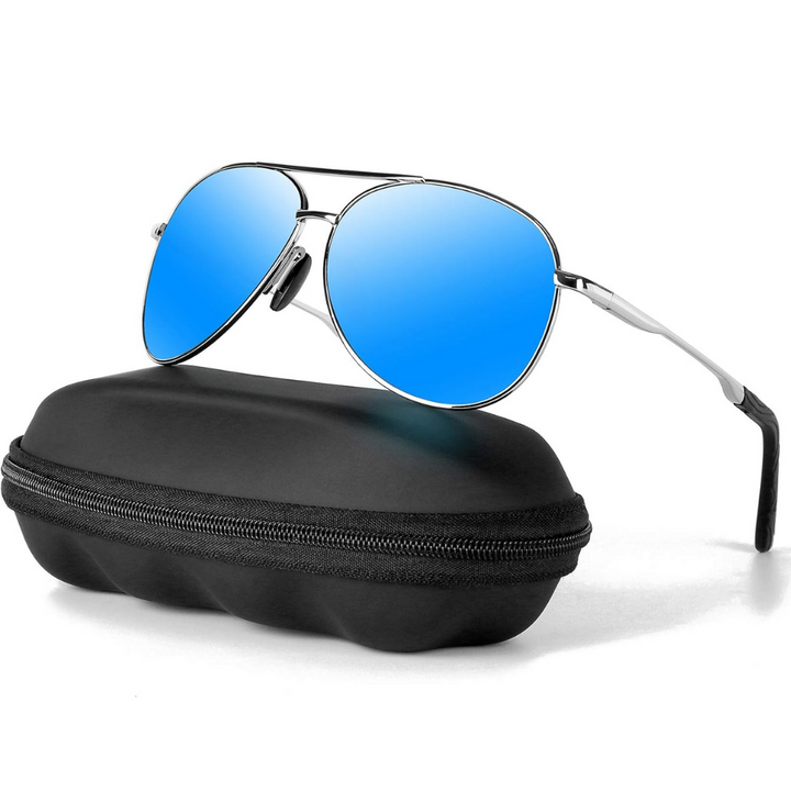 Premium unisex aviator sunglasses with polarized lenses for reduced glare & clear vision outdoors.