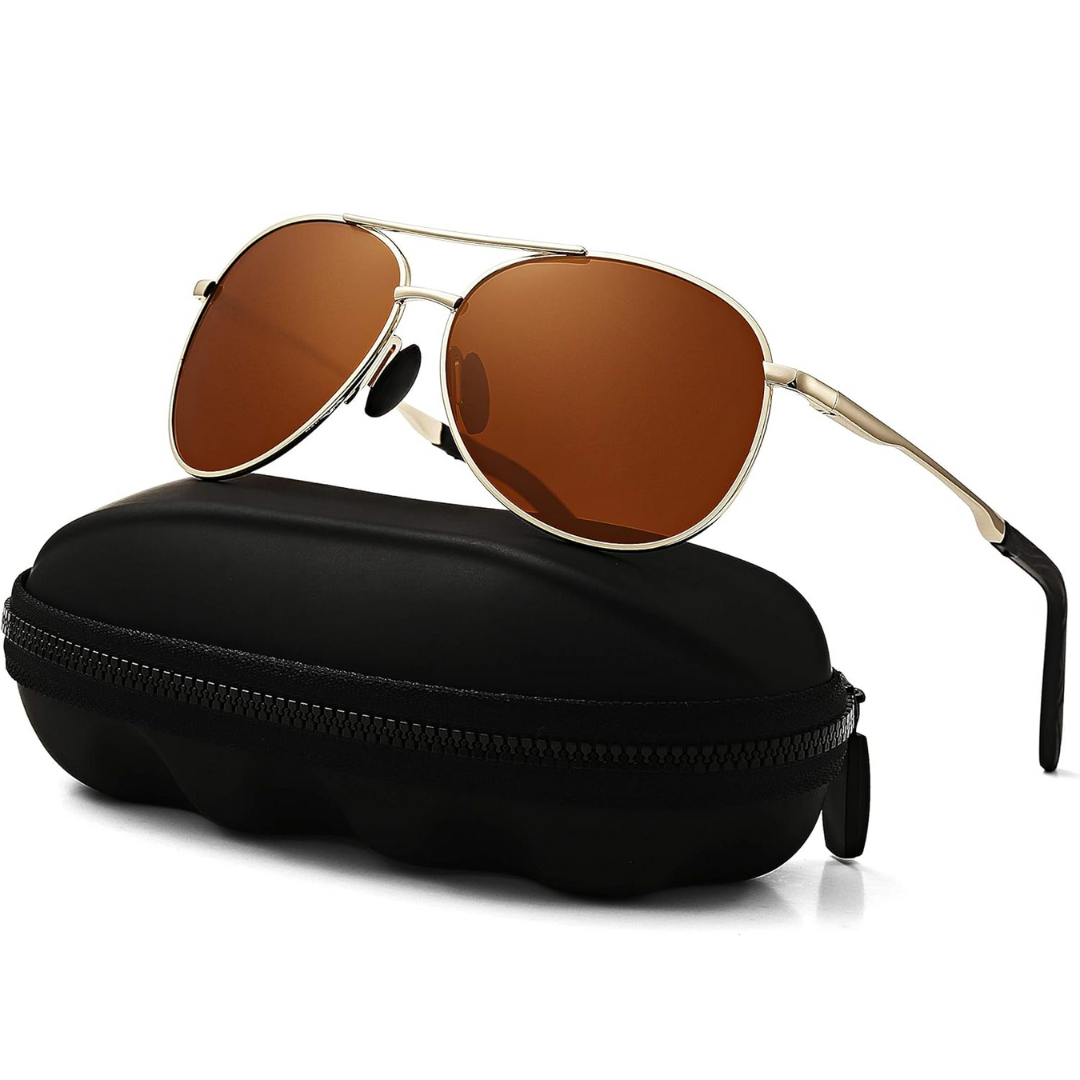 Classic aviator style polarized sunglasses, superior glare reduction & 100% UV protection.