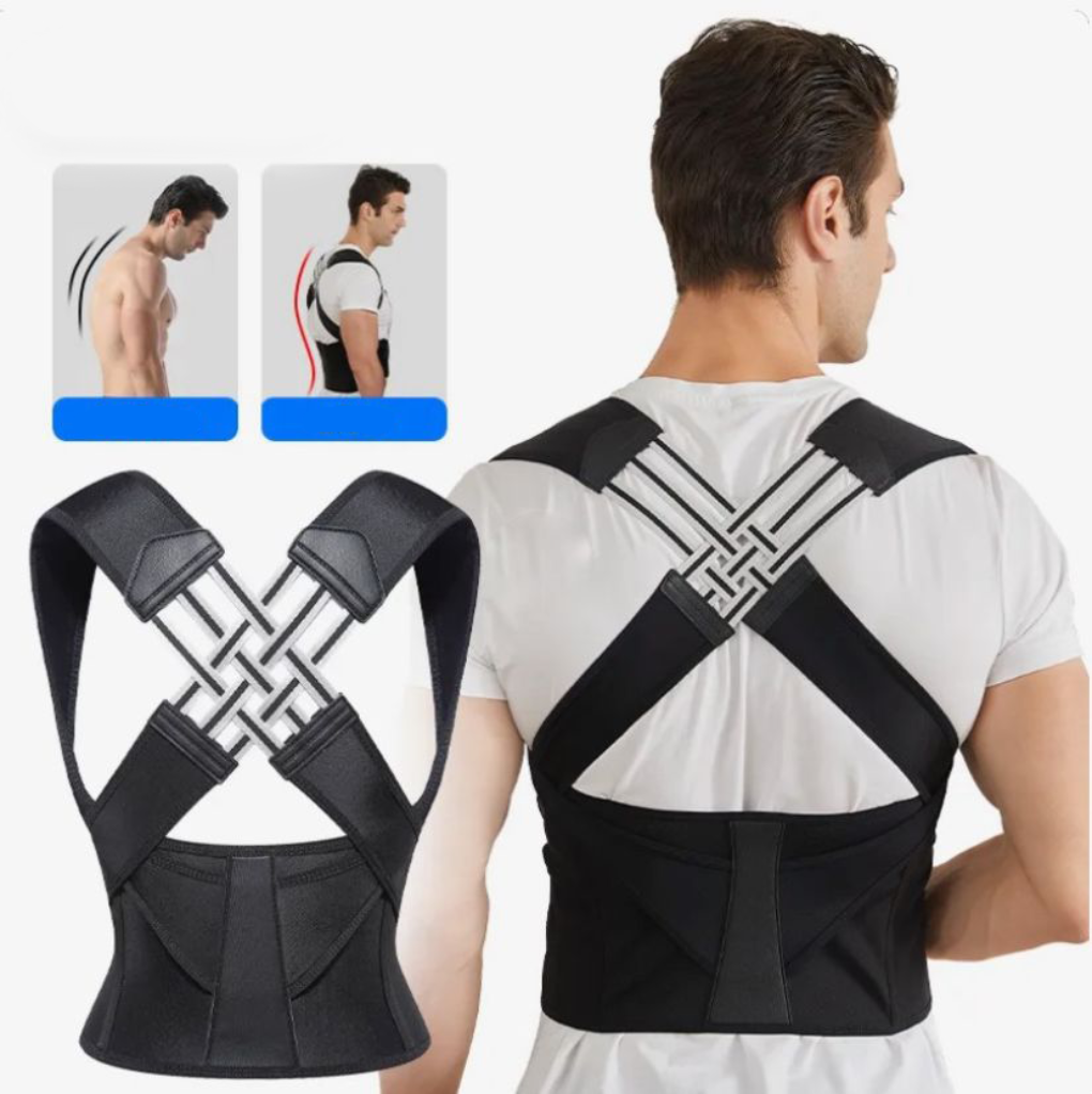 Model wearing a black unisex posture corrector, providing back & shoulder support for better posture & wellness.