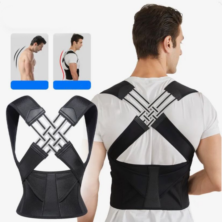 Model wearing a black unisex posture corrector, providing back & shoulder support for better posture & wellness.