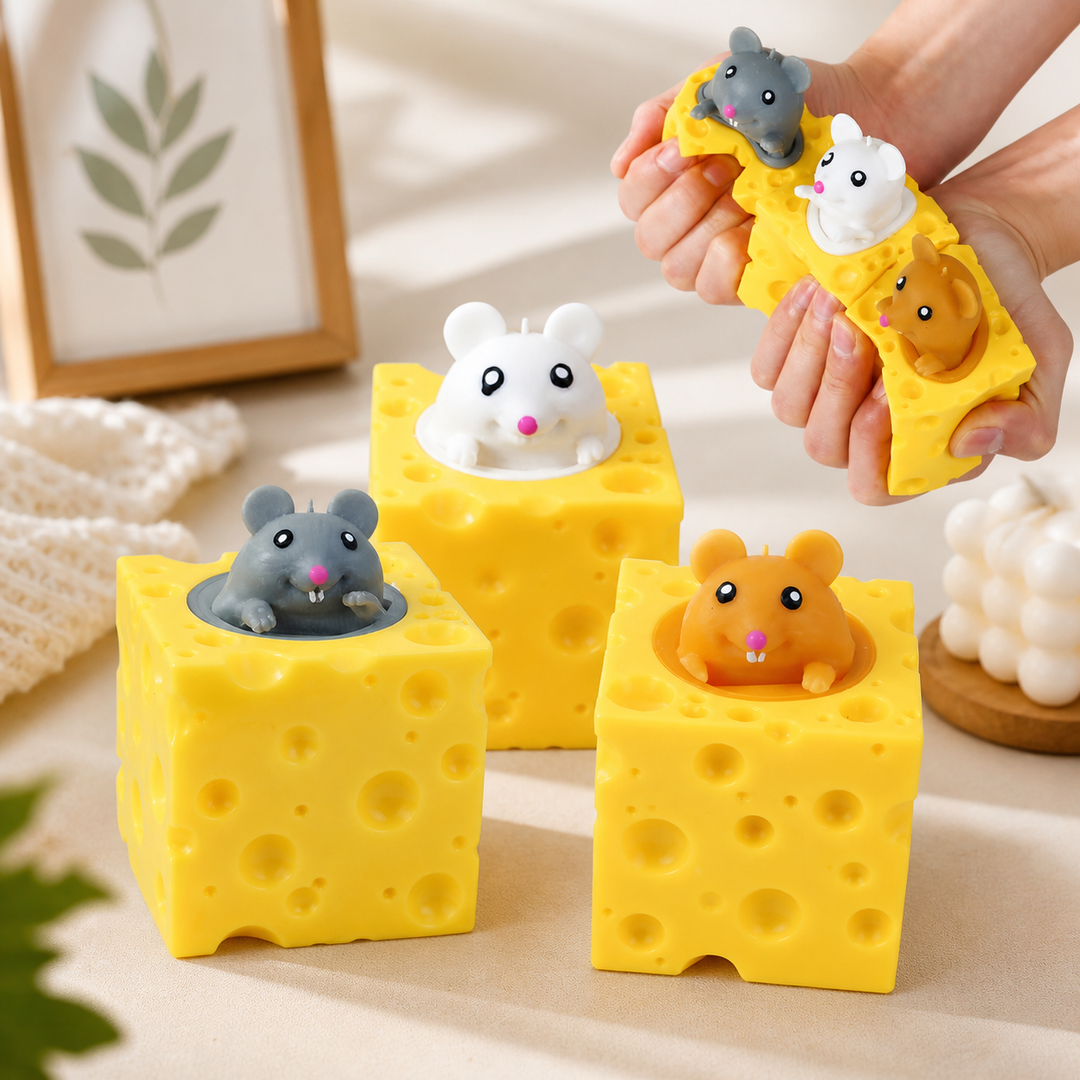 Unisex squeeze cheese block fidget toy with popping mice, great for stress & anxiety relief. Sensory fun.