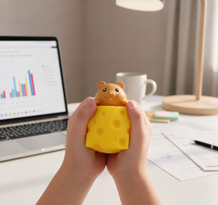 Fun unisex squeeze cheese block fidget toy with popping mice. Perfect sensory toy for kids and adults.
