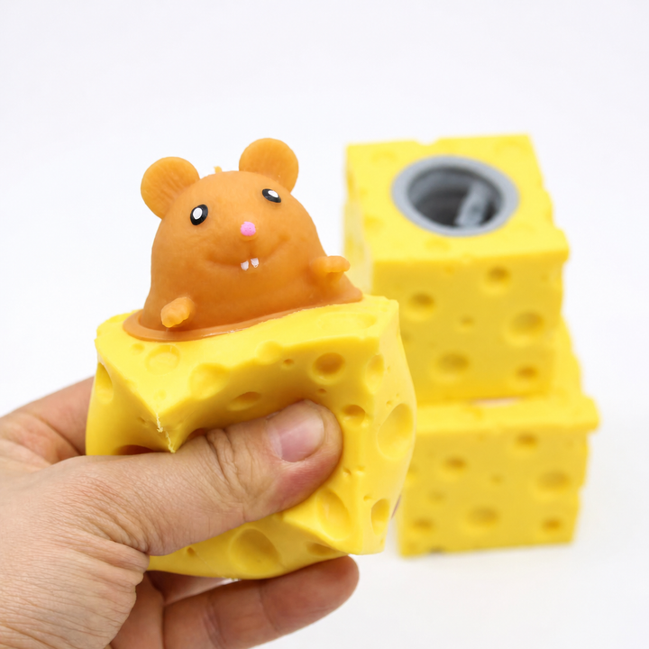 Tactile squeeze cheese block fidget with popping mice for anxiety relief. A calming sensory toy for all ages.