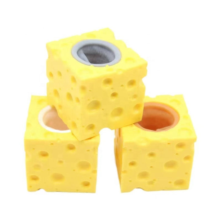 Yellow squeeze cheese block fidget toy with cute popping mice. A satisfying stress relief & sensory experience.