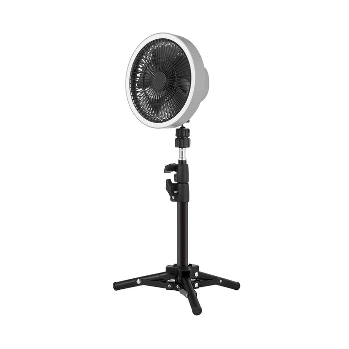 Portable & adjustable stand fan. Rechargeable battery-powered cooling fan for home or office use.