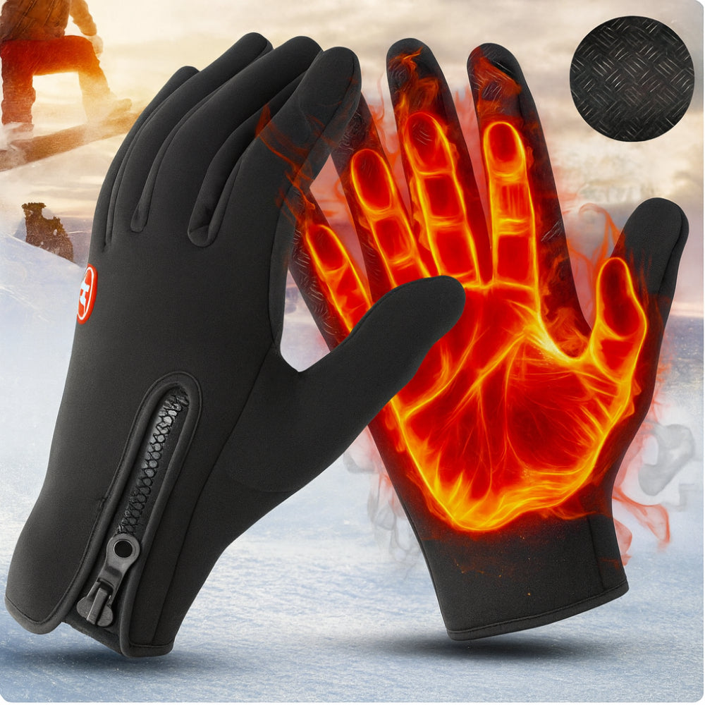 Close-up of unisex USB heated gloves showing touchscreen fingertips and material.