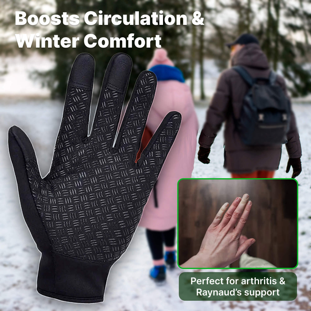 Couple wearing unisex USB heated winter gloves while outdoors in cold weather.