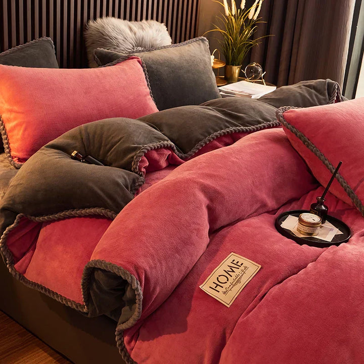 Unisex velvet fleece duvet cover set in plush, cozy bedroom setting.