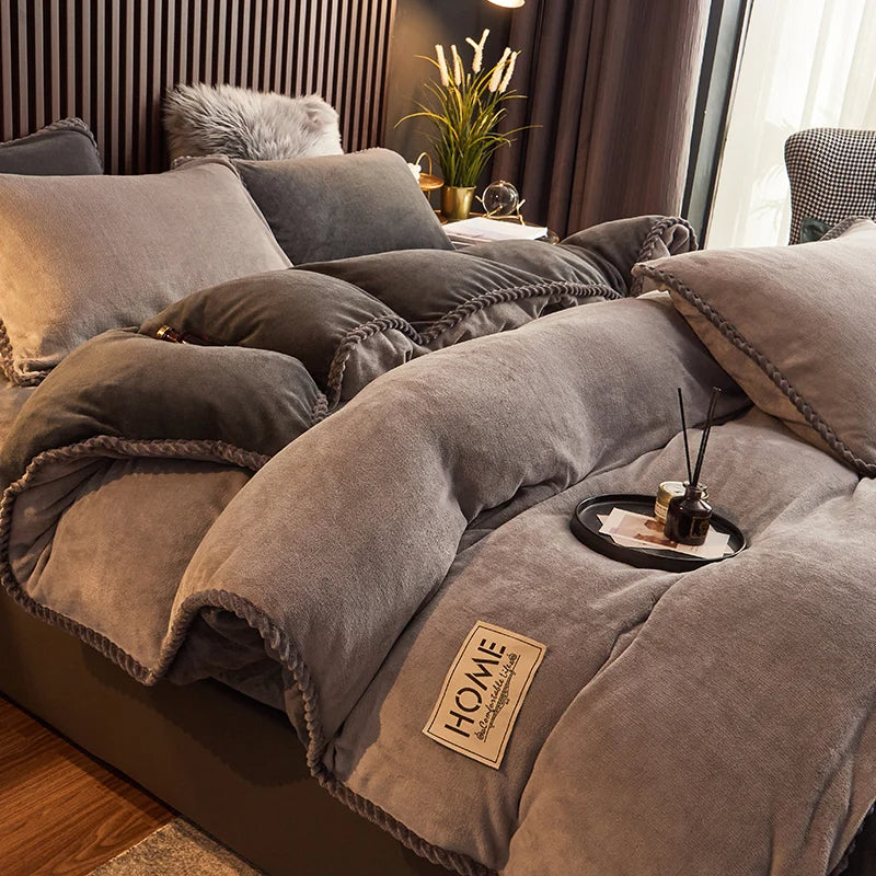 Close-up of the luxurious, soft texture of the PlushHaven velvet fleece duvet cover.