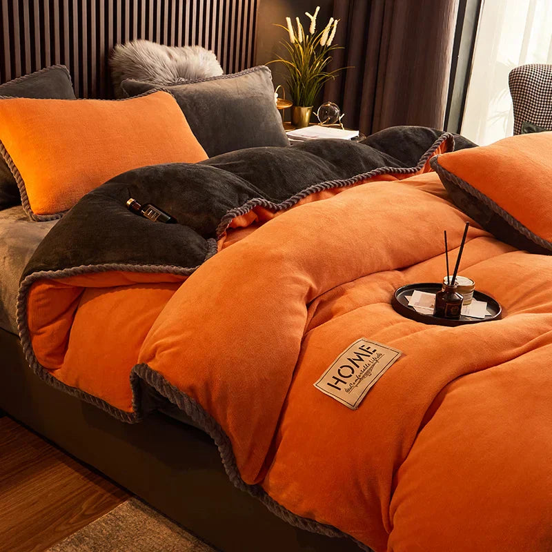 Bedroom styled with a warm and inviting unisex velvet fleece duvet cover.