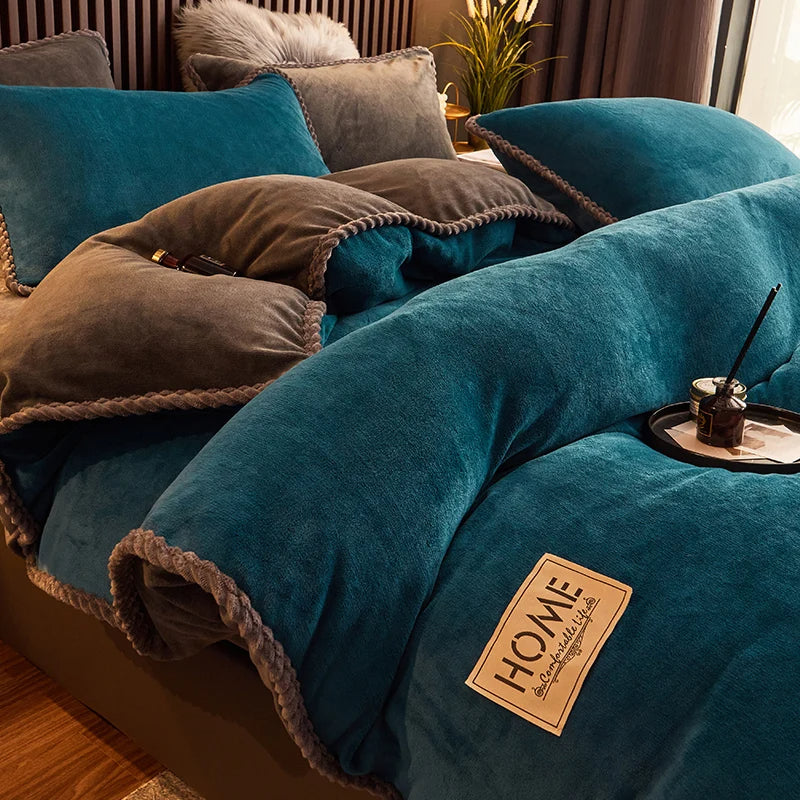 Full view of the king size velvet fleece duvet cover set on a bed.