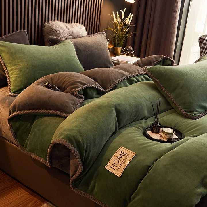 Detail shot highlighting the plush comfort of the winter bedding.