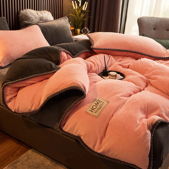 Luxury bedding ensemble featuring a plush velvet fleece duvet cover.