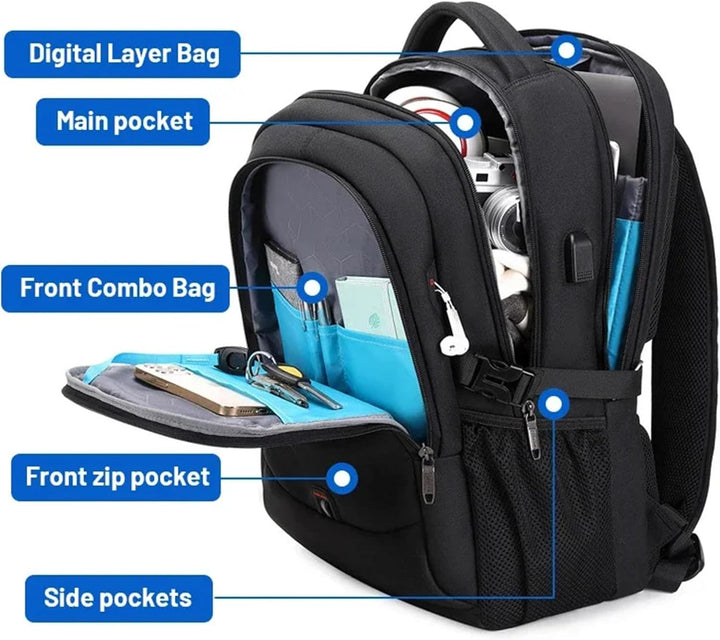 Interior view of organized travel backpack showing padded laptop sleeve & multiple compartments for daily essentials.