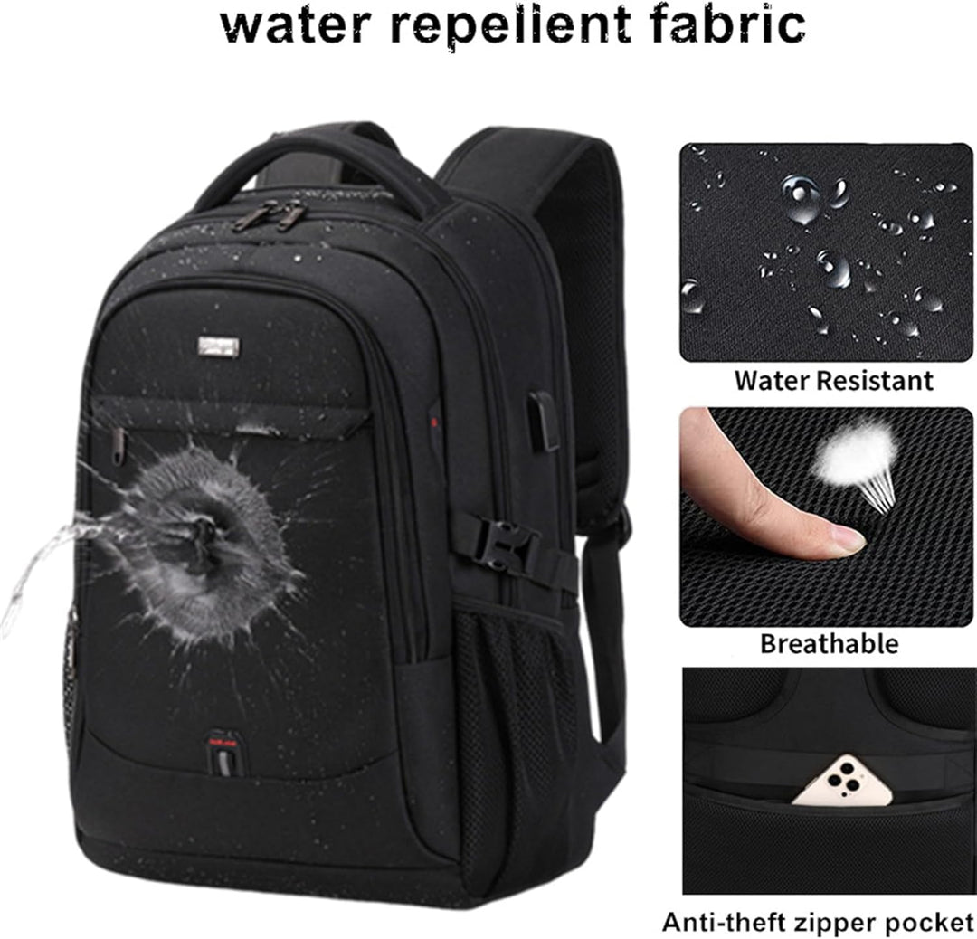 Stylish black water-resistant laptop backpack, perfect for men & women commuting or traveling. Anti-theft design.