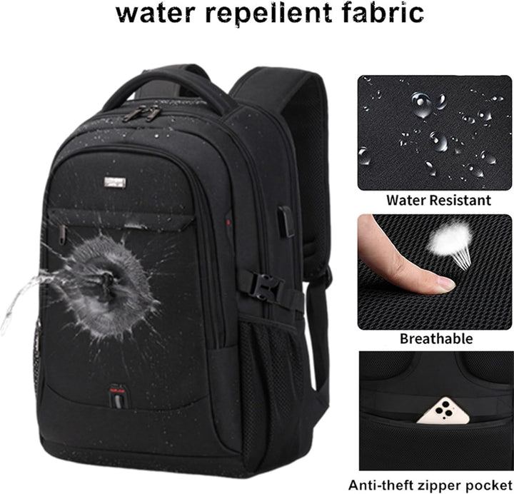 Stylish black water-resistant laptop backpack, perfect for men & women commuting or traveling. Anti-theft design.