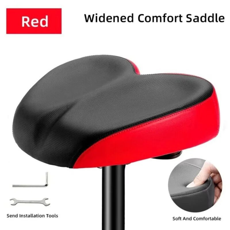 Waterproof wide comfort bicycle saddle, unisex design for extra support & shock absorption. Bike accessory.