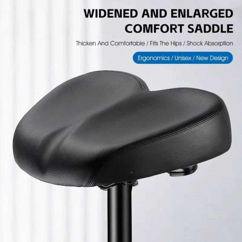Premium comfort bike saddle, wide & unisex, with superior shock absorption and support for cyclists.