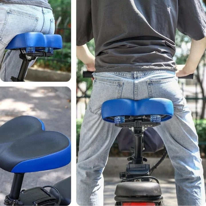 Universal fit wide comfort bike seat, unisex design offering excellent support & shock-absorbing features.
