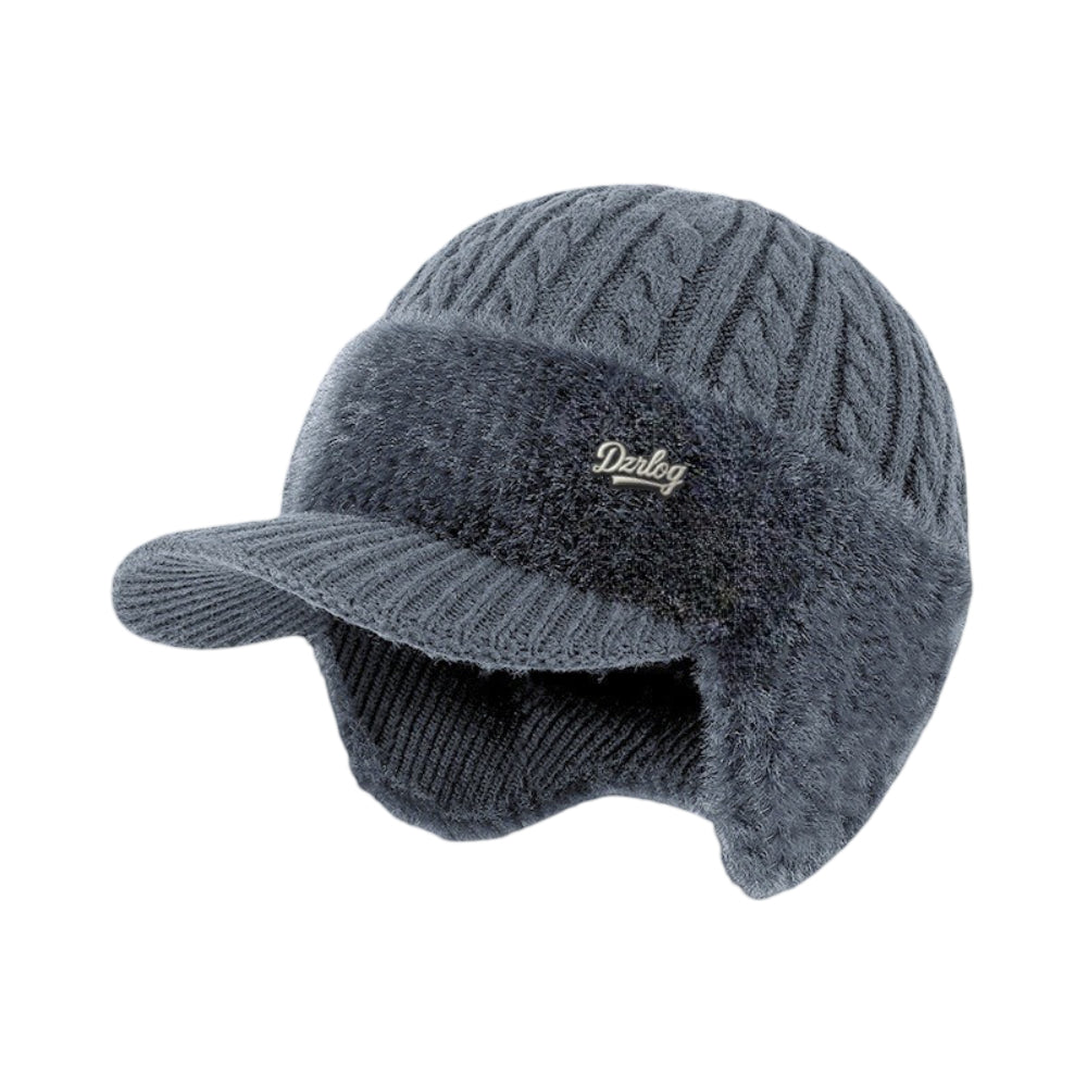 Fashionable ear flap hat, combining style with practical winter warmth.