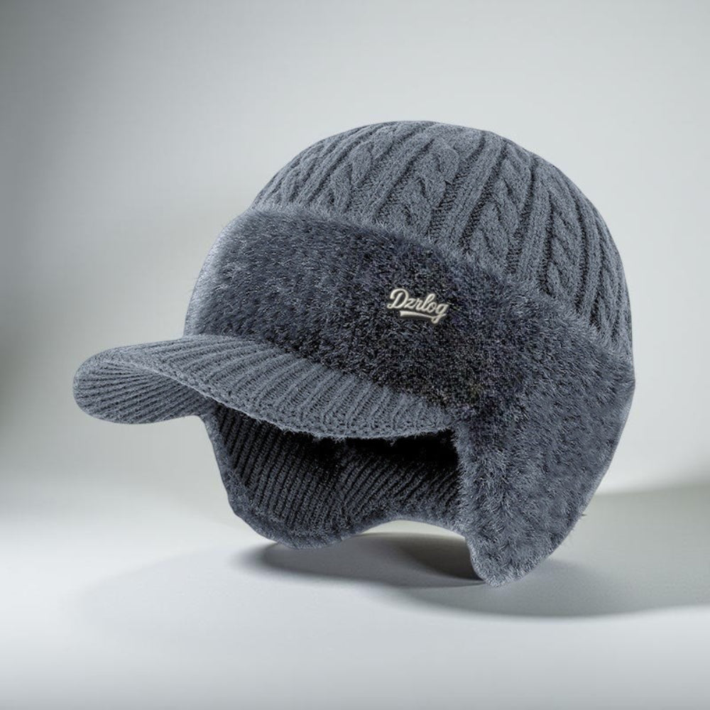 Cozy knit beanie with ear flaps, ideal for staying warm outdoors.