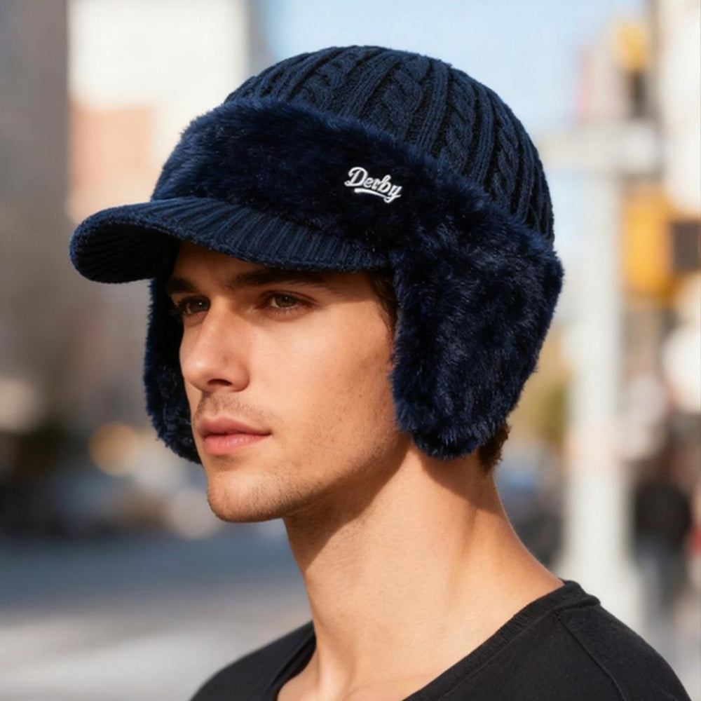Soft knit winter hat with functional ear flaps for added protection.
