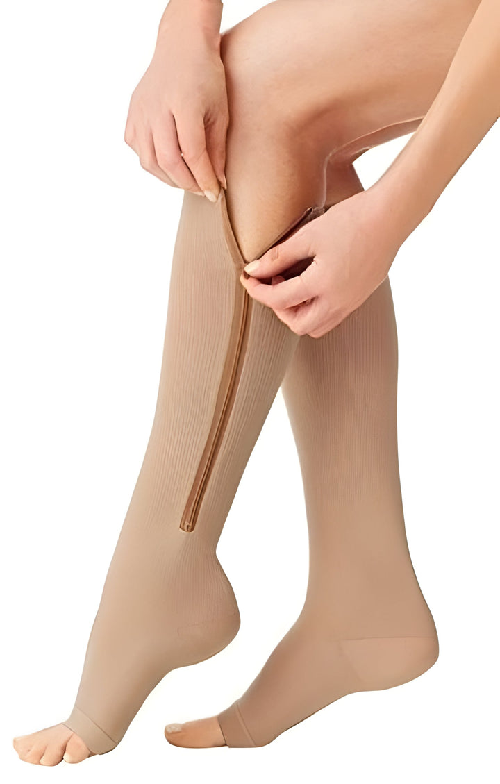 Zipper compression stockings for nurses & maternity. Offers leg relief, circulation boost & comfortable support. Easy to put on.