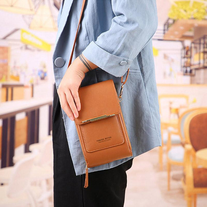 Elegant women's phone purse with strap, a practical and fashionable small crossbody bag.