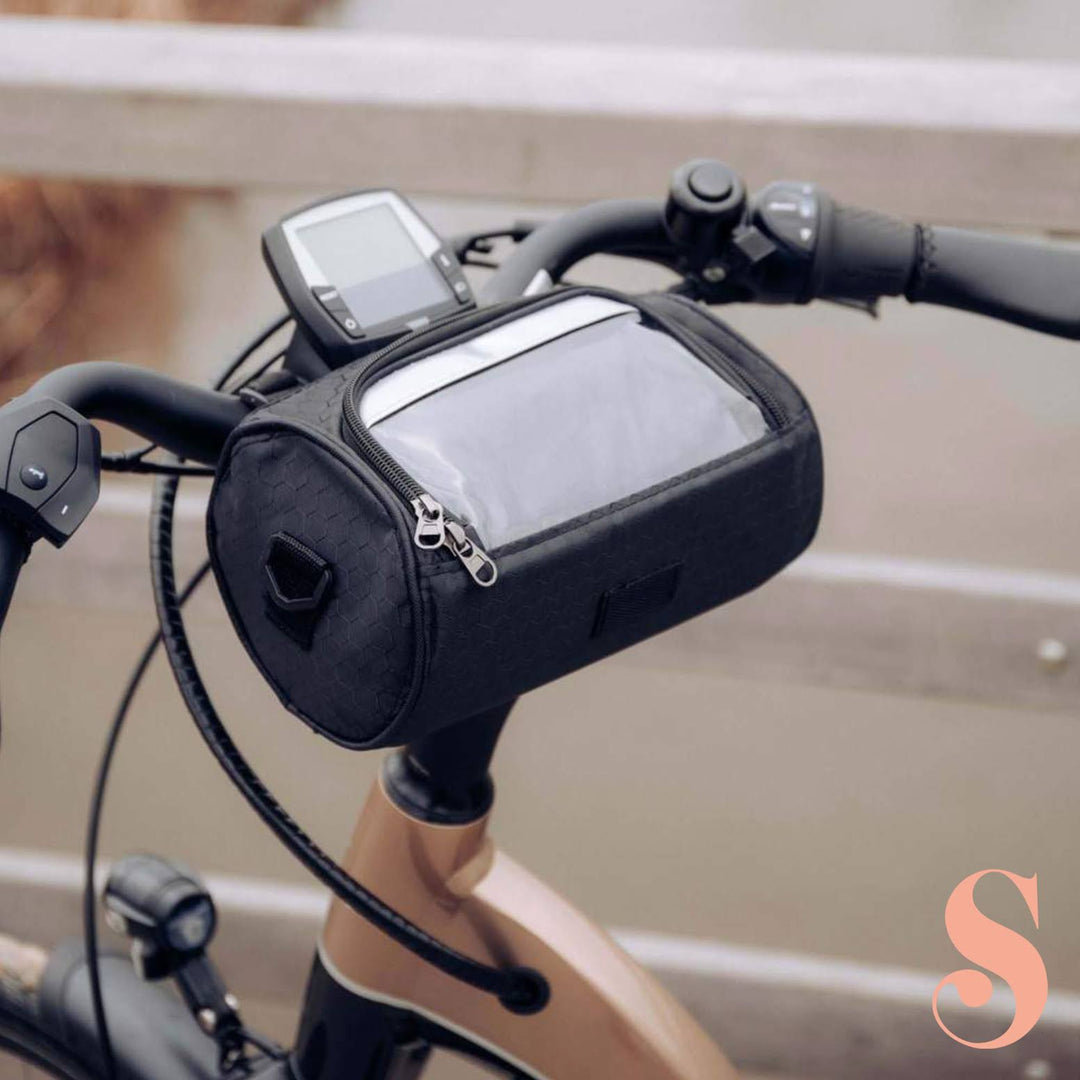 Black waterproof bike handlebar bag with clear phone window for navigation and essential storage.