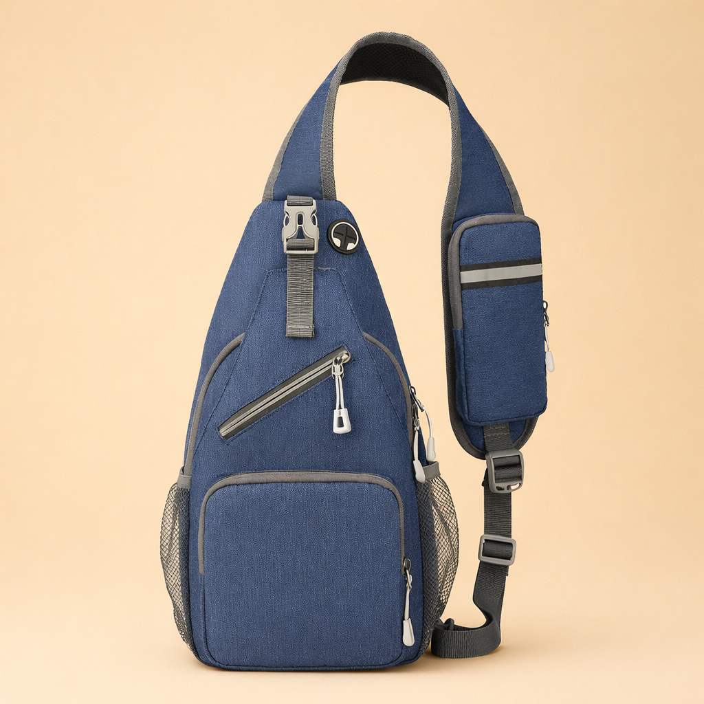 Versatile men's blue sling bag. Perfect for everyday carry, travel, and securing essentials. Modern & functional design.