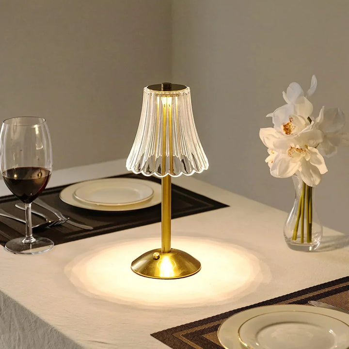 Beautiful LED crystal table lamp, elegant gold base, touch-sensitive for perfect mood lighting.