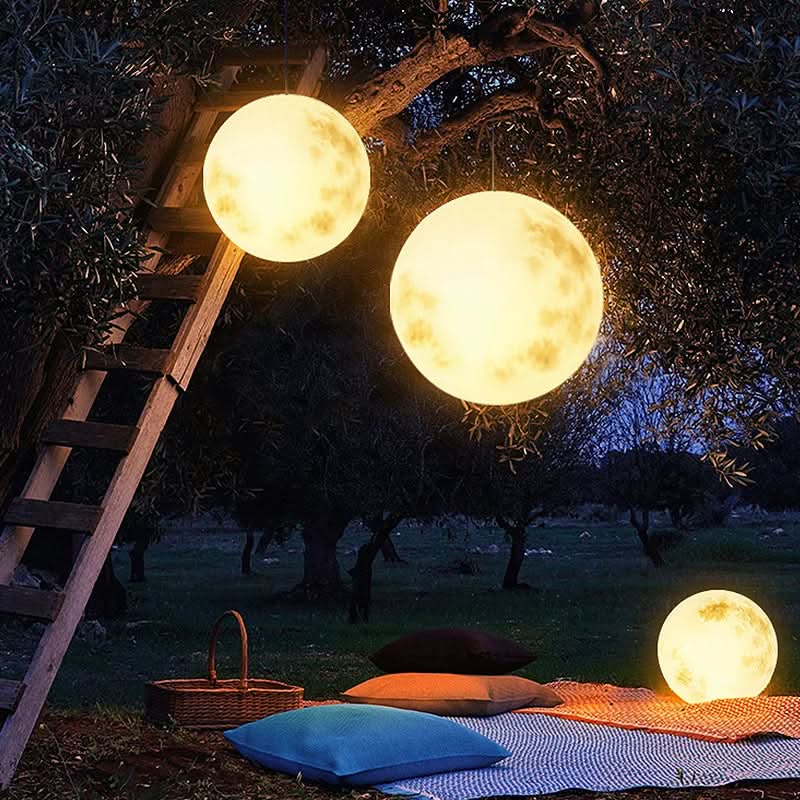 Textured moon-shaped LED lamp, USB rechargeable. Elegant lunar decor piece for outdoor patio lighting.