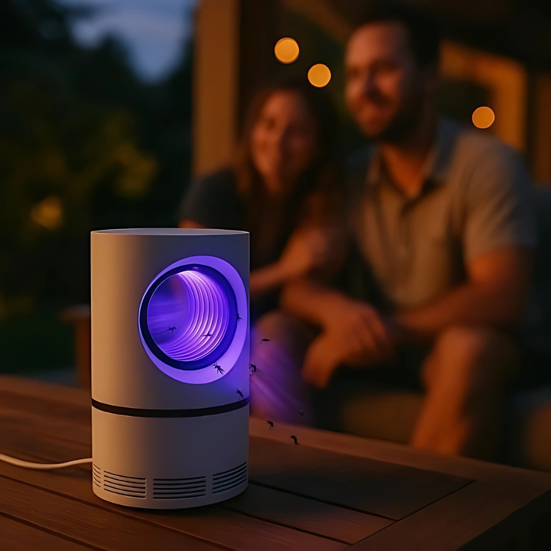 Portable electric UV mosquito trap lamp, silent bug zapper for home, office, or outdoor use.