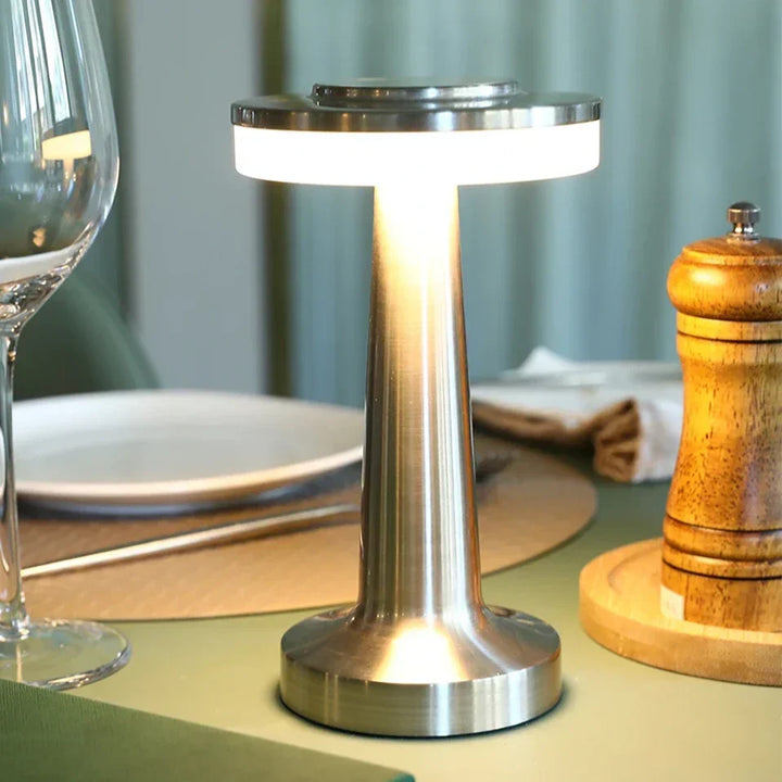 Modern vintage LED lamp, rechargeable. Cordless for versatile table and bar accent lighting.