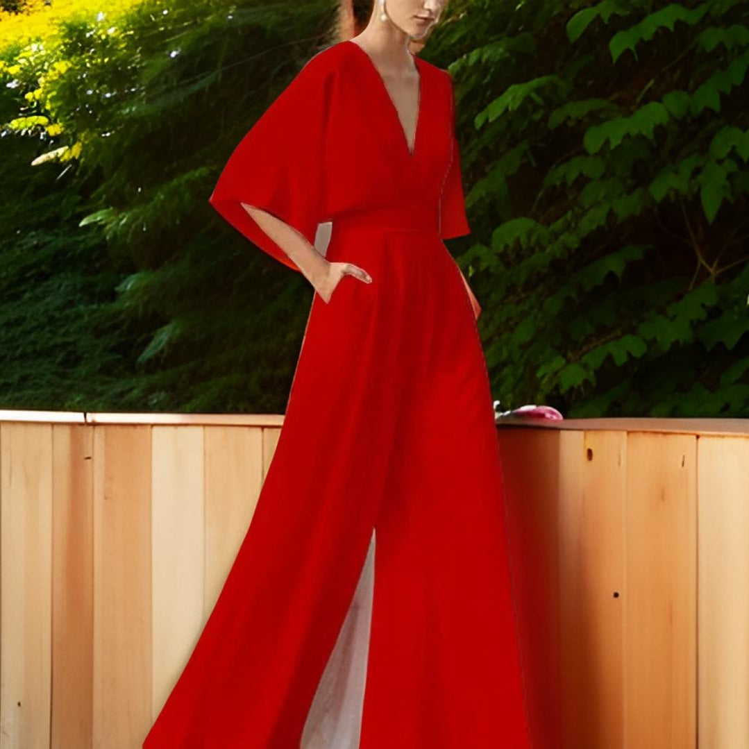 Comfortable V-neck jumpsuit for women with three-quarter sleeves; modern, chic, versatile style.