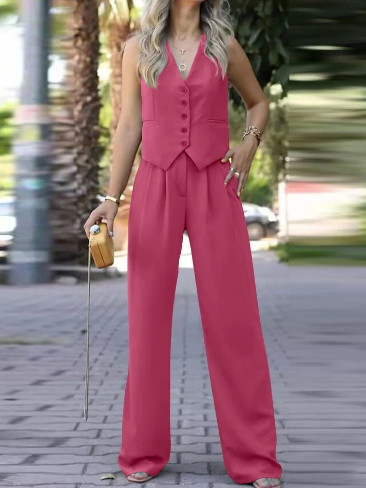 Women's tailored sleeveless vest & wide-leg pants two-piece set for business casual elegance.