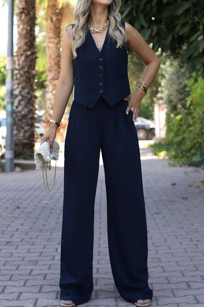 Stylish women's two-piece tailored set featuring a sleeveless vest and wide-leg pants.