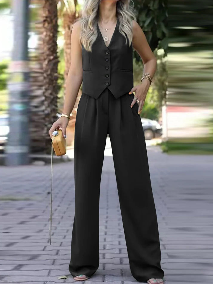 Versatile women's tailored sleeveless vest and wide-leg trousers set, perfect for any occasion.