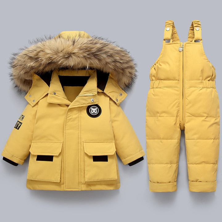 Kids' winter snowsuit set for outdoor play. Includes a warm hooded coat & matching overall. Perfect for toddlers.