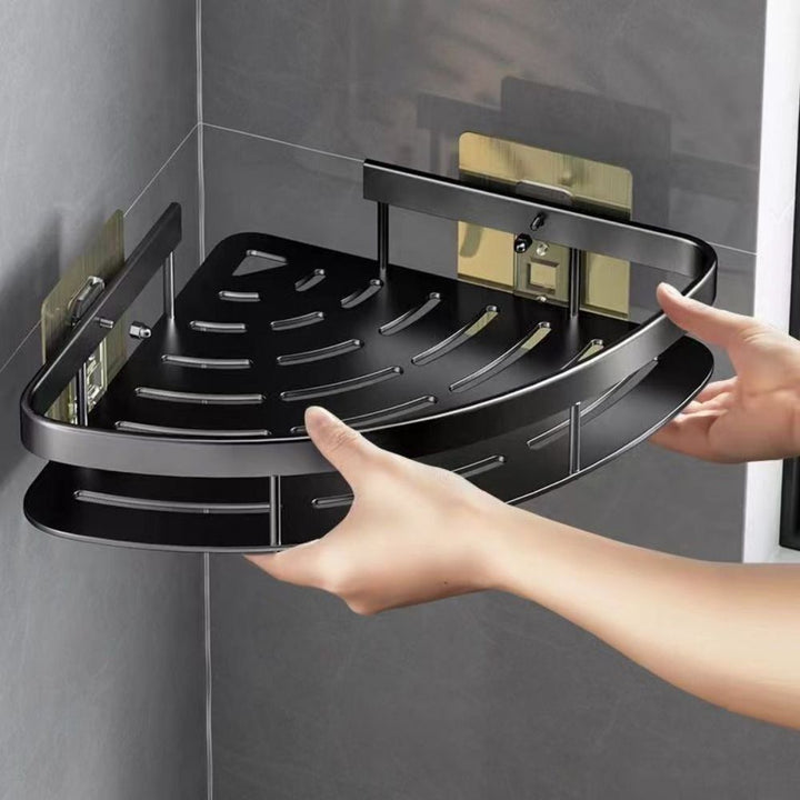 Modern black aluminum corner shower shelf for drill-free bathroom organization of toiletries & essentials.