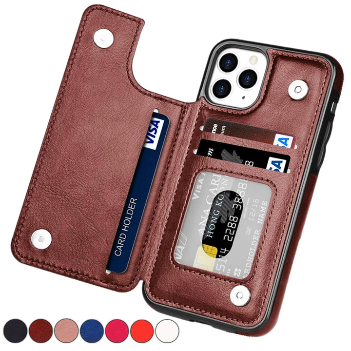All-in-one iPhone leather wallet case: card holder, magnetic closure for easy access.