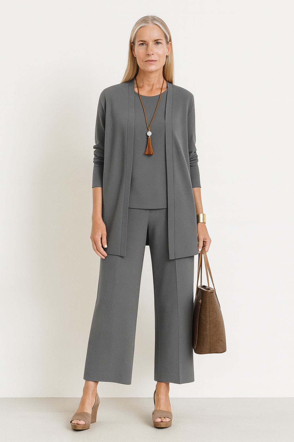 Women's 3-piece co-ord set: open front cardigan, tank top, & wide leg pants. Stylish casual outfit.