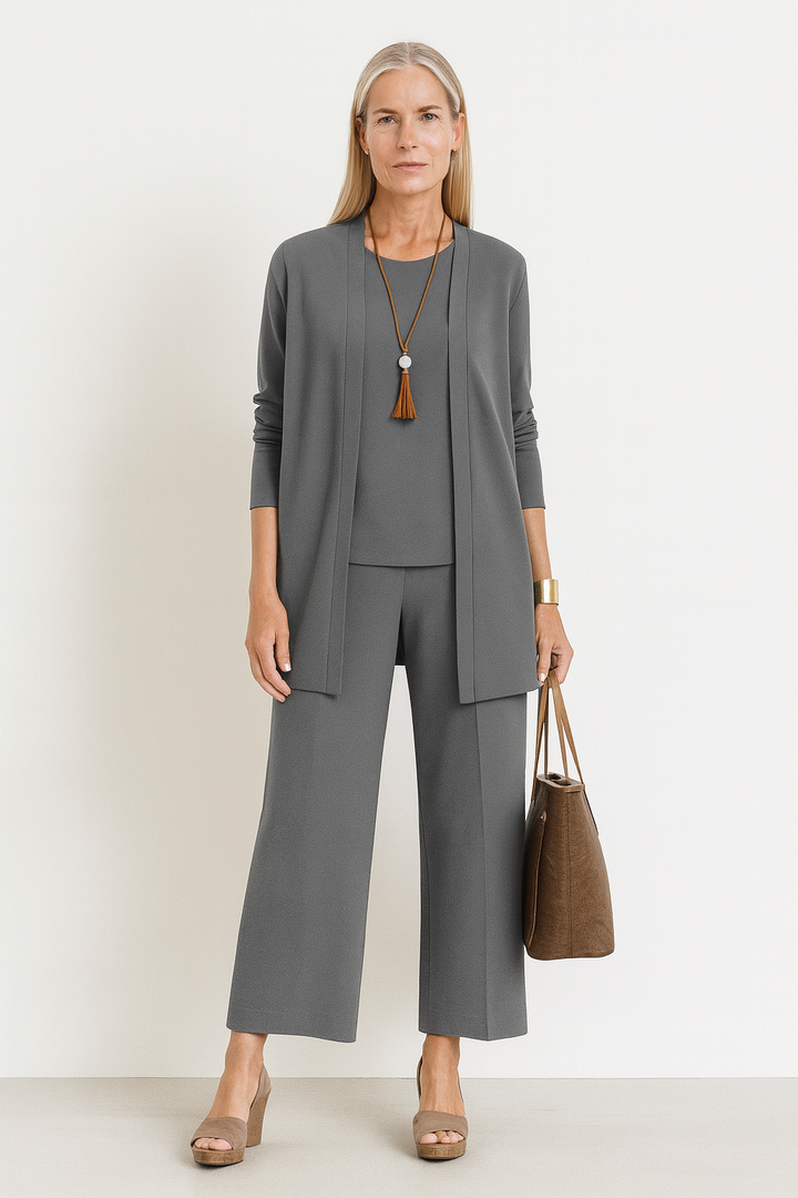 Women's 3-piece co-ord set: open front cardigan, tank top, & wide leg pants. Stylish casual outfit.